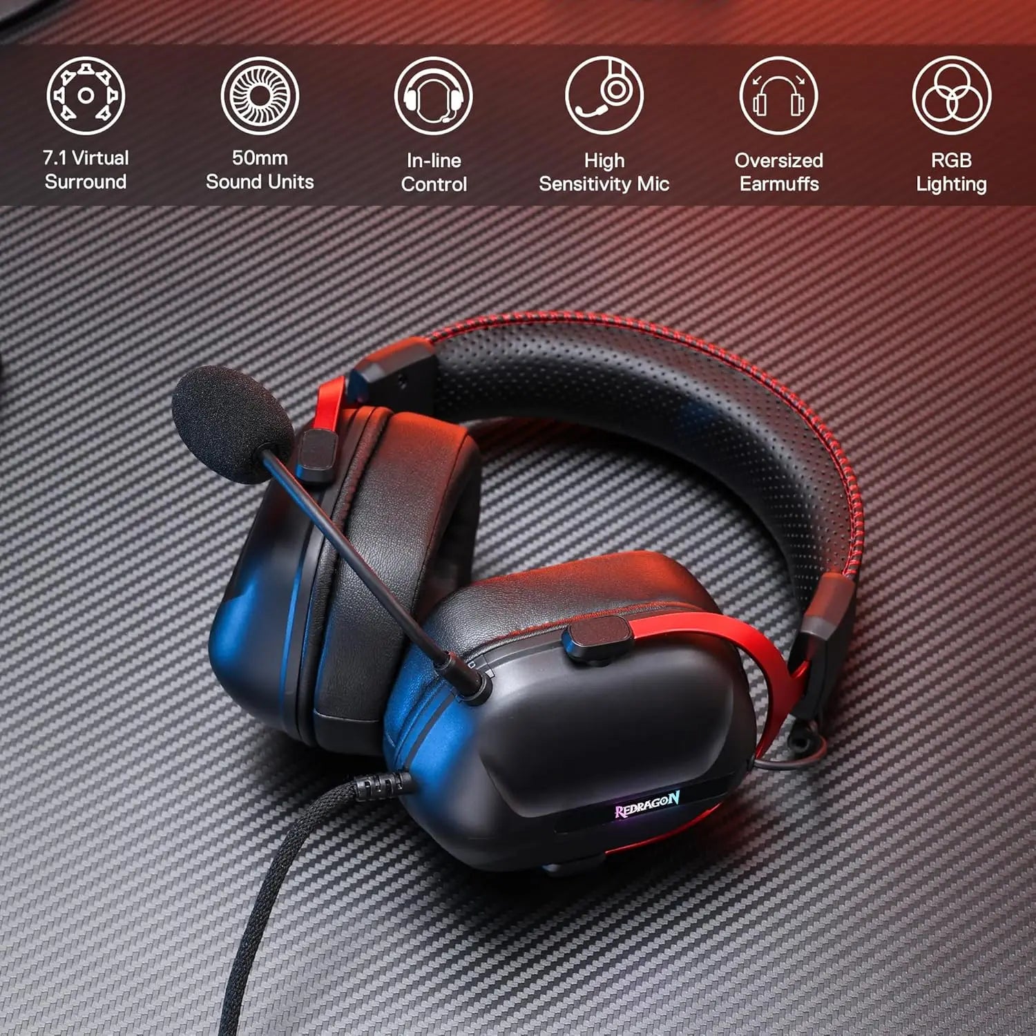 Redragon H312 Wired Gaming Headset, 7.1 Surround Sound, Noise-canceling Microphone