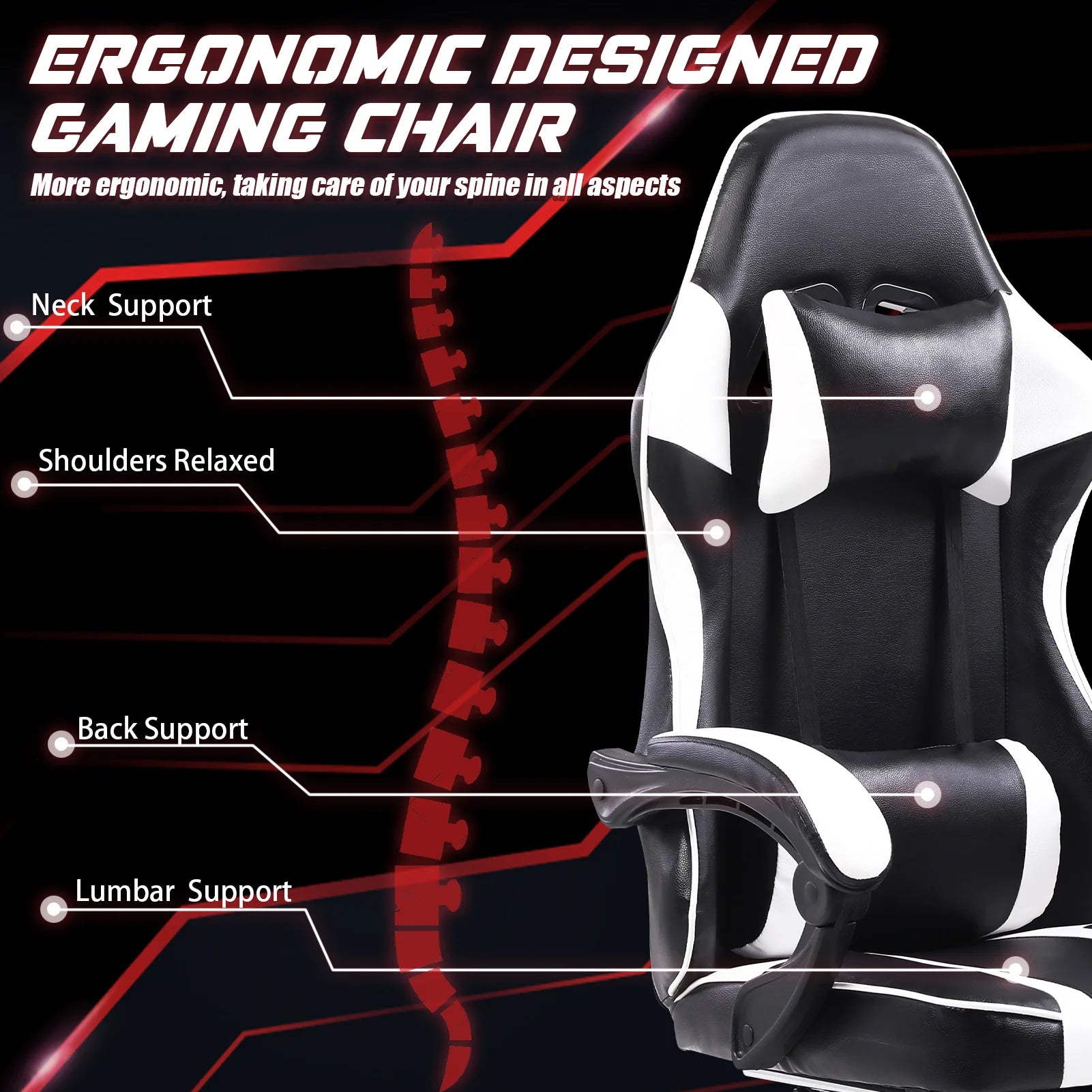 Ergonomic Gaming Chair with Footrest – High-Back PU Leather Computer Chair with Headrest, Lumbar Support & Reclining Backrest