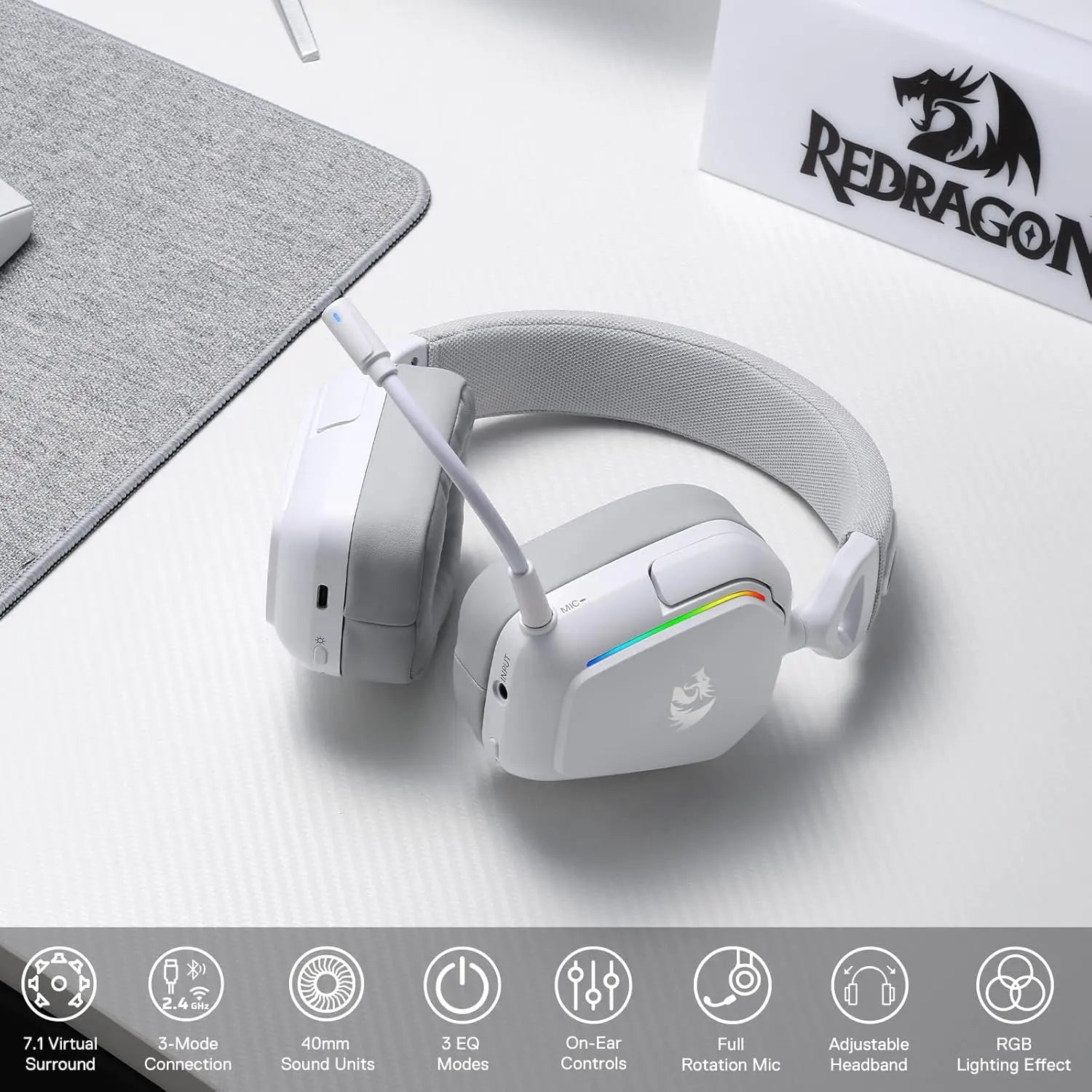 Redragon H868 Wireless Gaming Headset – 3-Mode Connection, RGB Lighting, 7.1 Surround Sound, Noise-Canceling Microphone, Over-Ear Design
