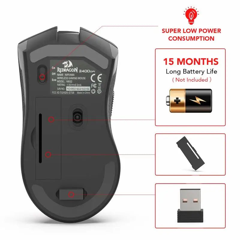 Redragon M652 Optical 2.4G Wireless Mouse with USB Receiver