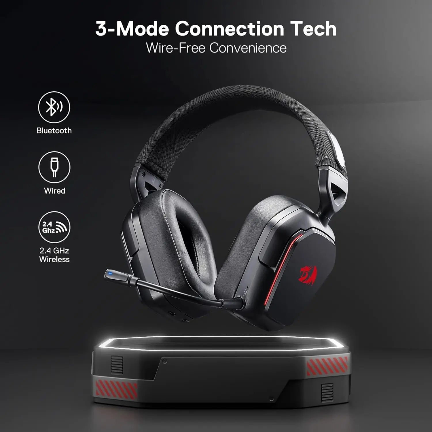 Redragon H868 Wireless Gaming Headset – 3-Mode Connection, RGB Lighting, 7.1 Surround Sound, Noise-Canceling Microphone, Over-Ear Design