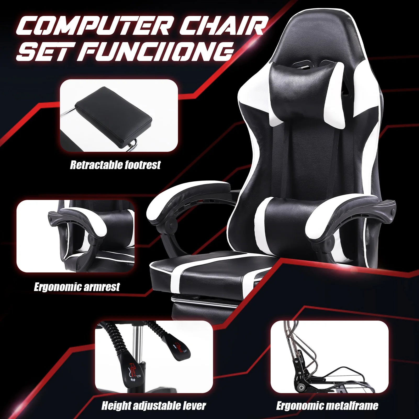 Ergonomic Gaming Chair with Footrest – High-Back PU Leather Computer Chair with Headrest, Lumbar Support & Reclining Backrest