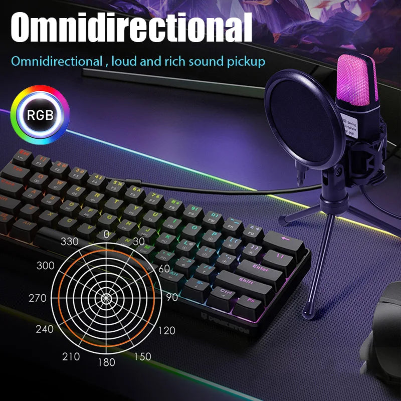 USB RGB Condenser Microphone – Gaming Mic for PC, Podcast, Streaming, Studio Recording, Laptop & Desktop