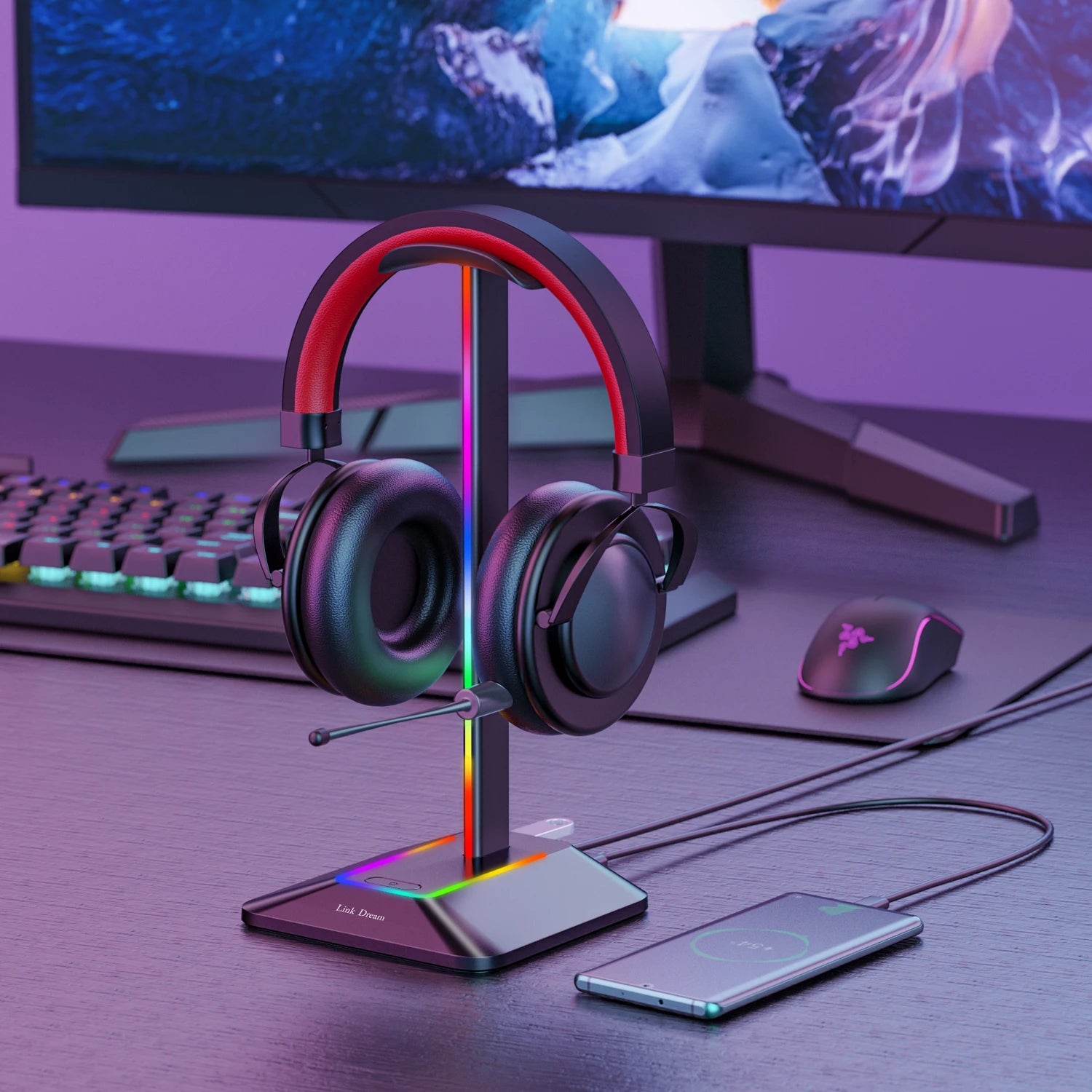 RGB Gaming Headphone Stand – Headset Holder with 2 USB Ports, Non-Slip Base & Cool Desk Display for Gamers