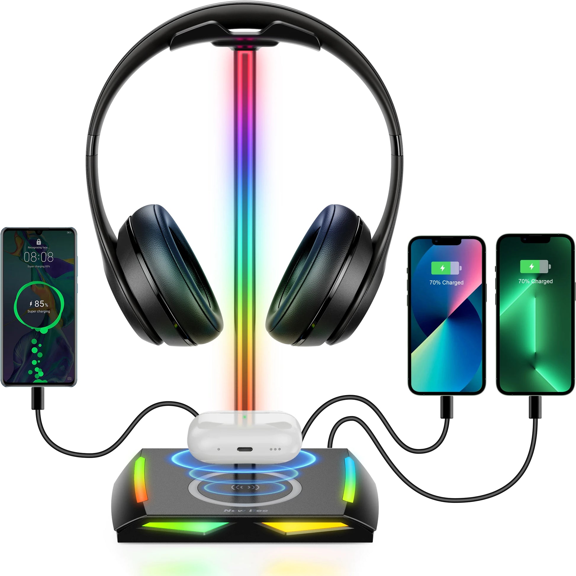 RGB Gaming Headphone Stand – Headset Holder with 2 USB Ports, Non-Slip Base & Cool Desk Display for Gamers