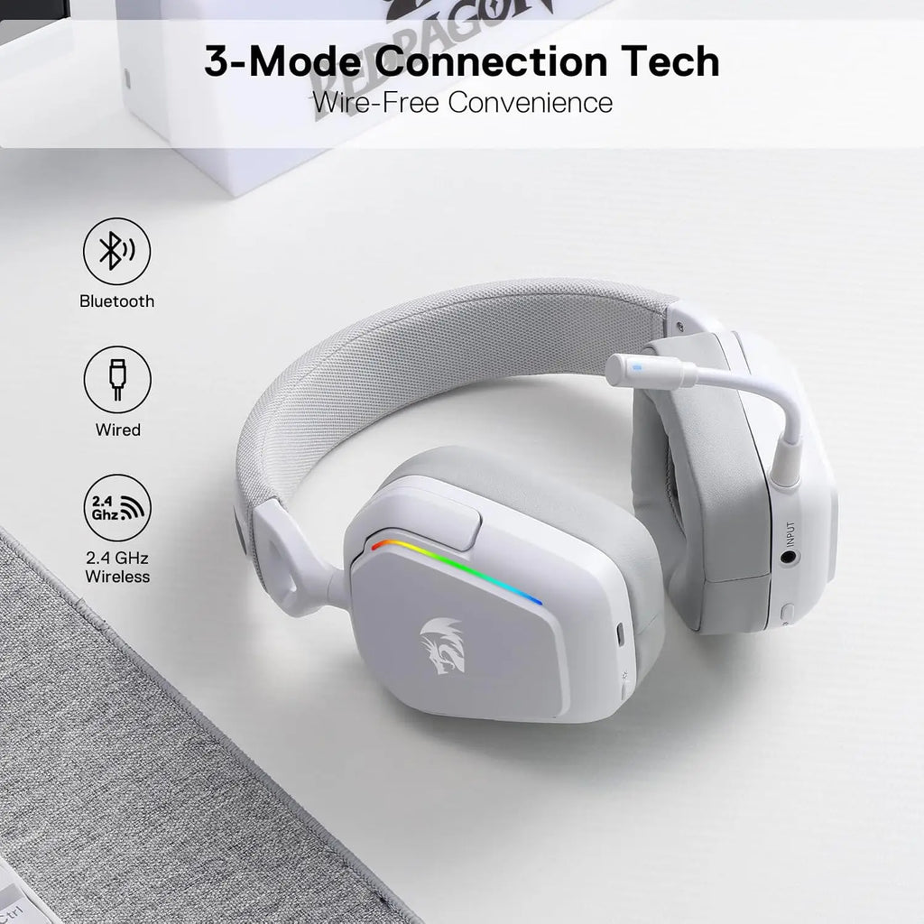 Redragon H868 Wireless Gaming Headset – 3-Mode Connection, RGB Lighting, 7.1 Surround Sound, Noise-Canceling Microphone, Over-Ear Design