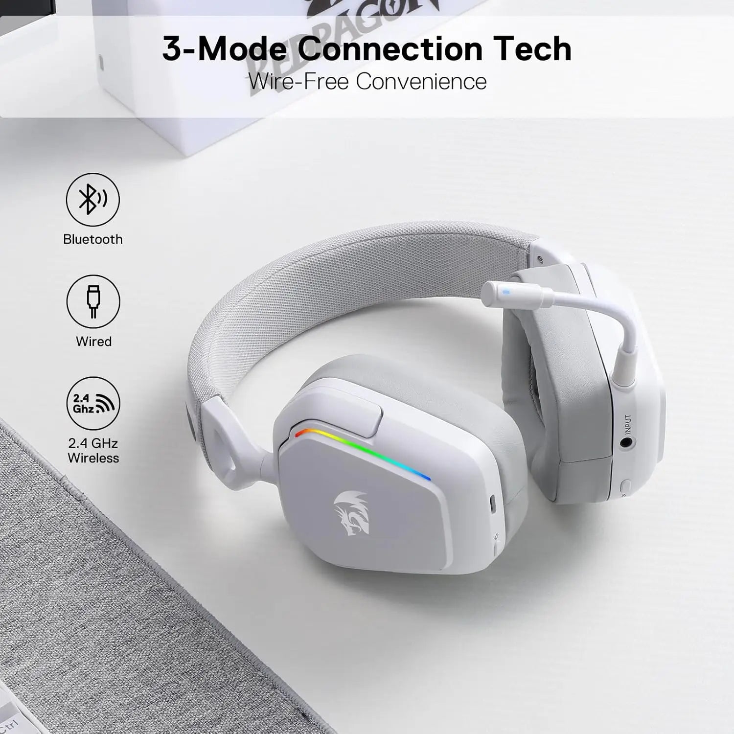 Redragon H868 Wireless Gaming Headset – 3-Mode Connection, RGB Lighting, 7.1 Surround Sound, Noise-Canceling Microphone, Over-Ear Design