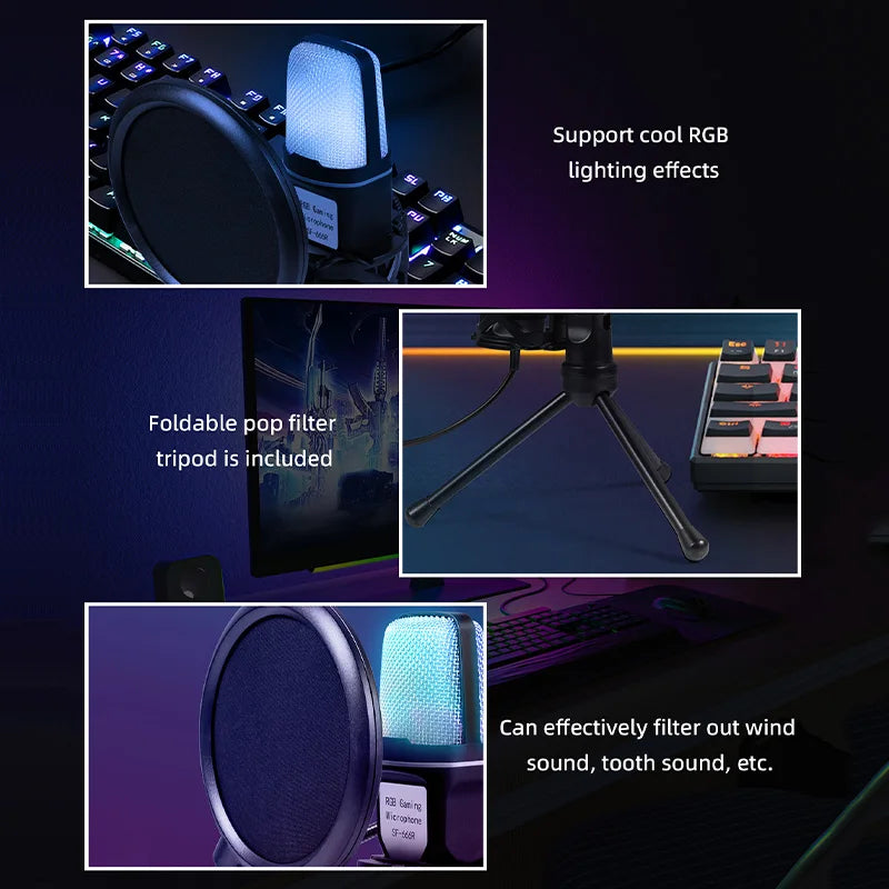 USB RGB Condenser Microphone – Gaming Mic for PC, Podcast, Streaming, Studio Recording, Laptop & Desktop