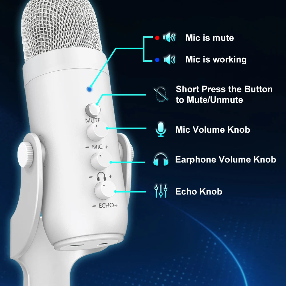 Professional White USB Condenser Microphone Studio Recording Mic for PC Computer Phone Gaming Streaming Podcast Youtube