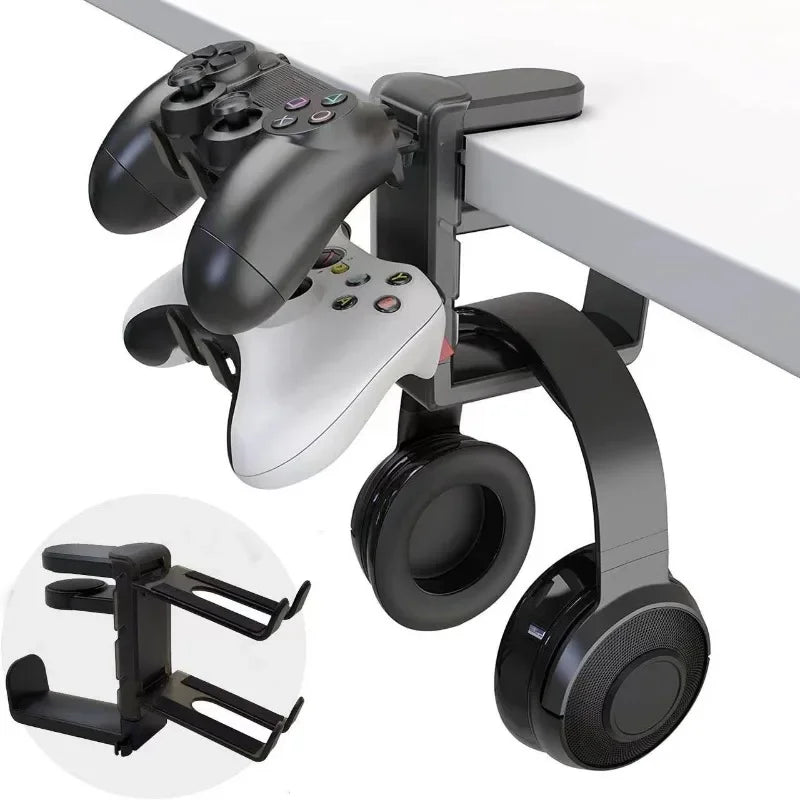 2-in-1 Gaming Headphone Stand – Adjustable Desk Edge Hook & Gamepad Headset Holder for Gamers