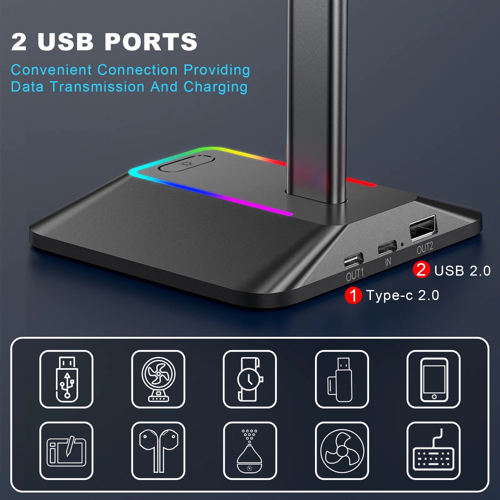 RGB Gaming Headphone Stand – Headset Holder with 2 USB Ports, Non-Slip Base & Cool Desk Display for Gamers