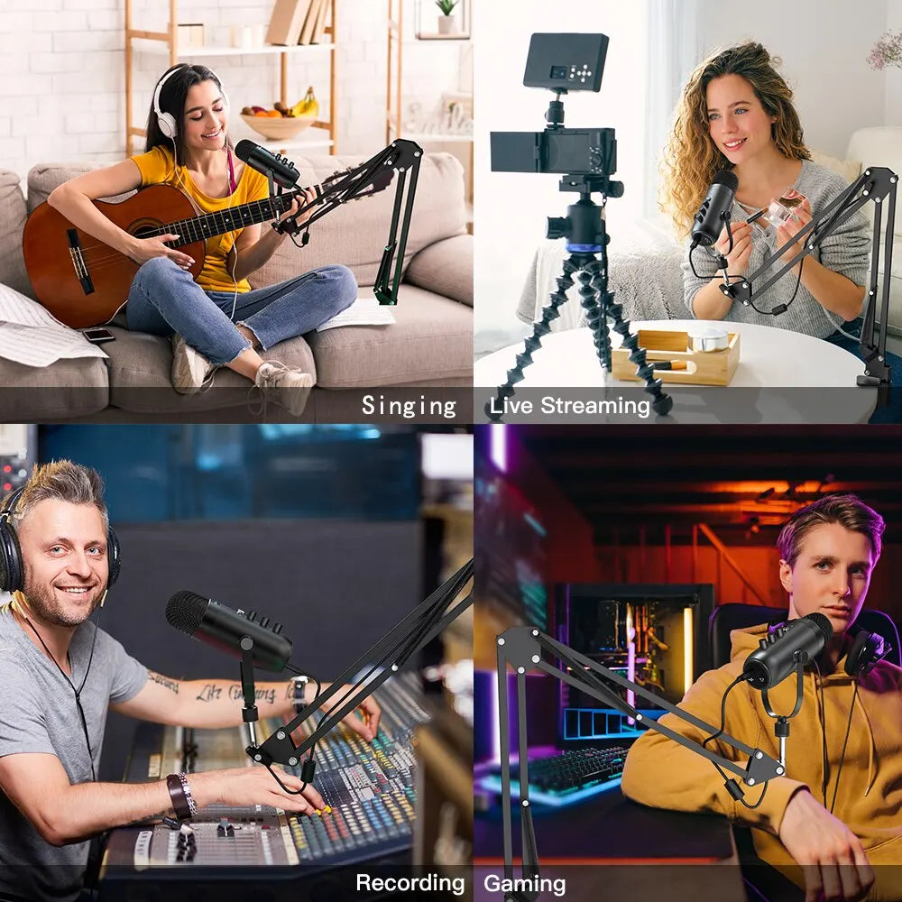 Professional USB Streaming Podcast PC Microphone Studio Cardioid Condenser Mic Kit with Boom Arm For Recording YouTube
