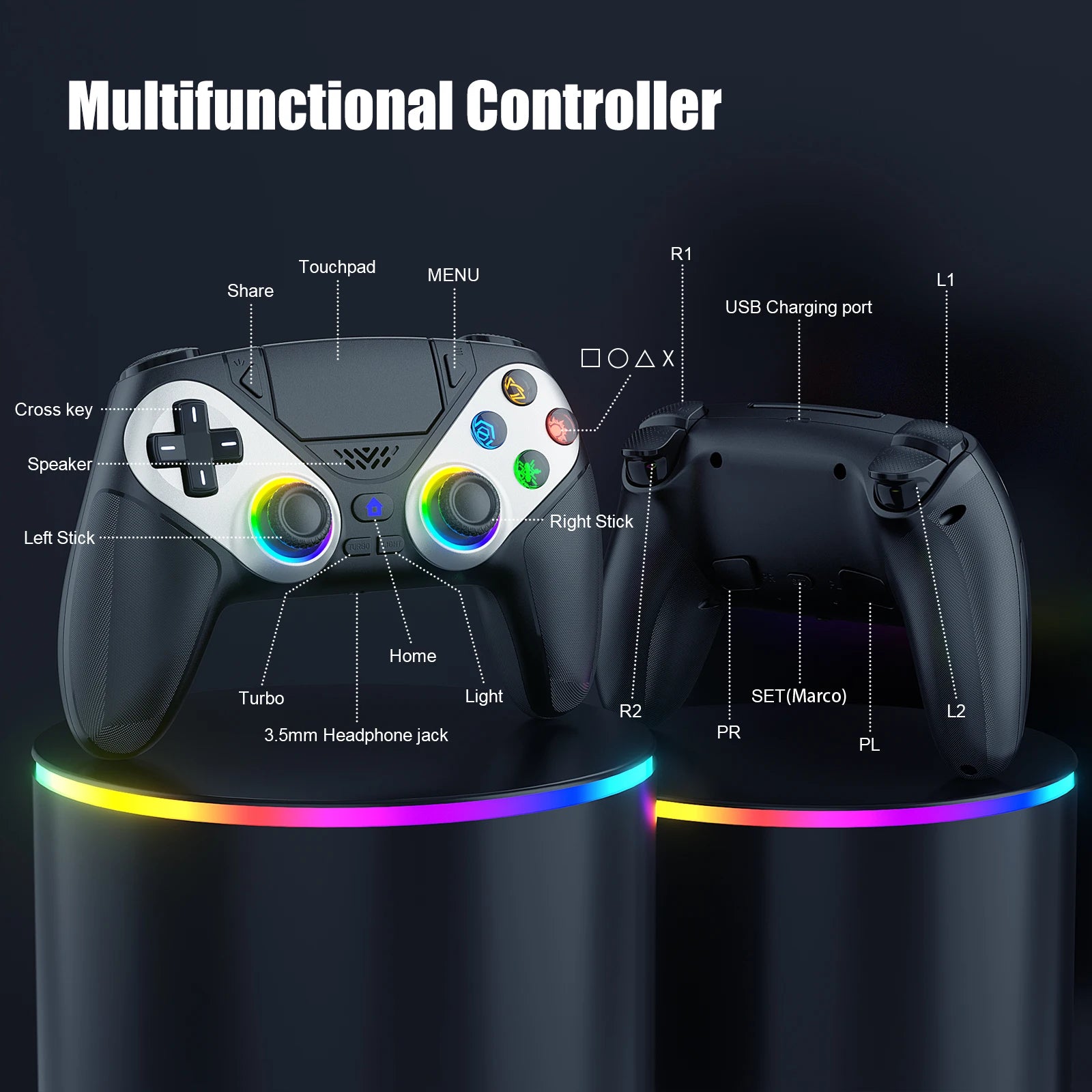 Controller For PS5 Console RGB Lights Wireless Gamepad for Playstion 5 Pro/Slim/PC Game Rocker W/ Turbo Touchpad Hall Trigger