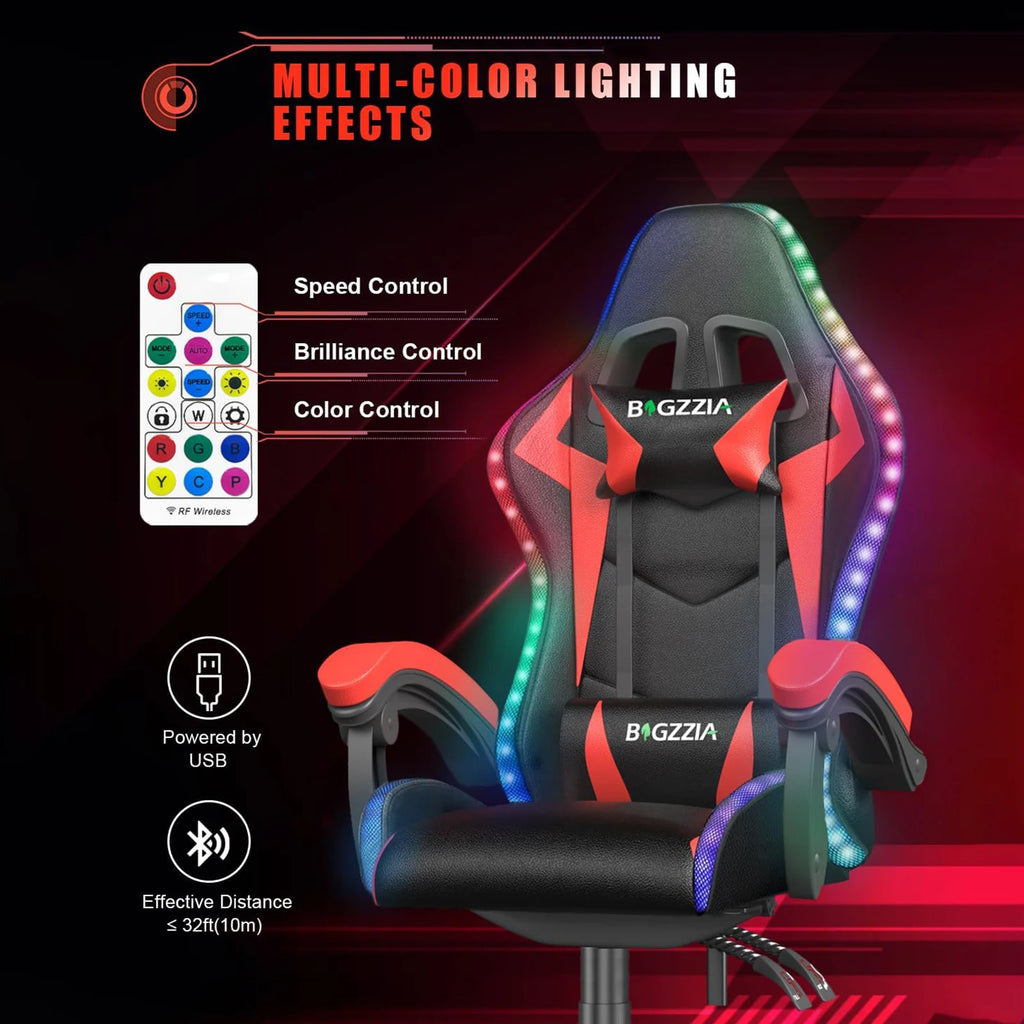 RGB Gaming Chair with LED Lights – Ergonomic Reclining Computer Chair, High Back PU Leather Office Chair with Headrest & Lumbar Support