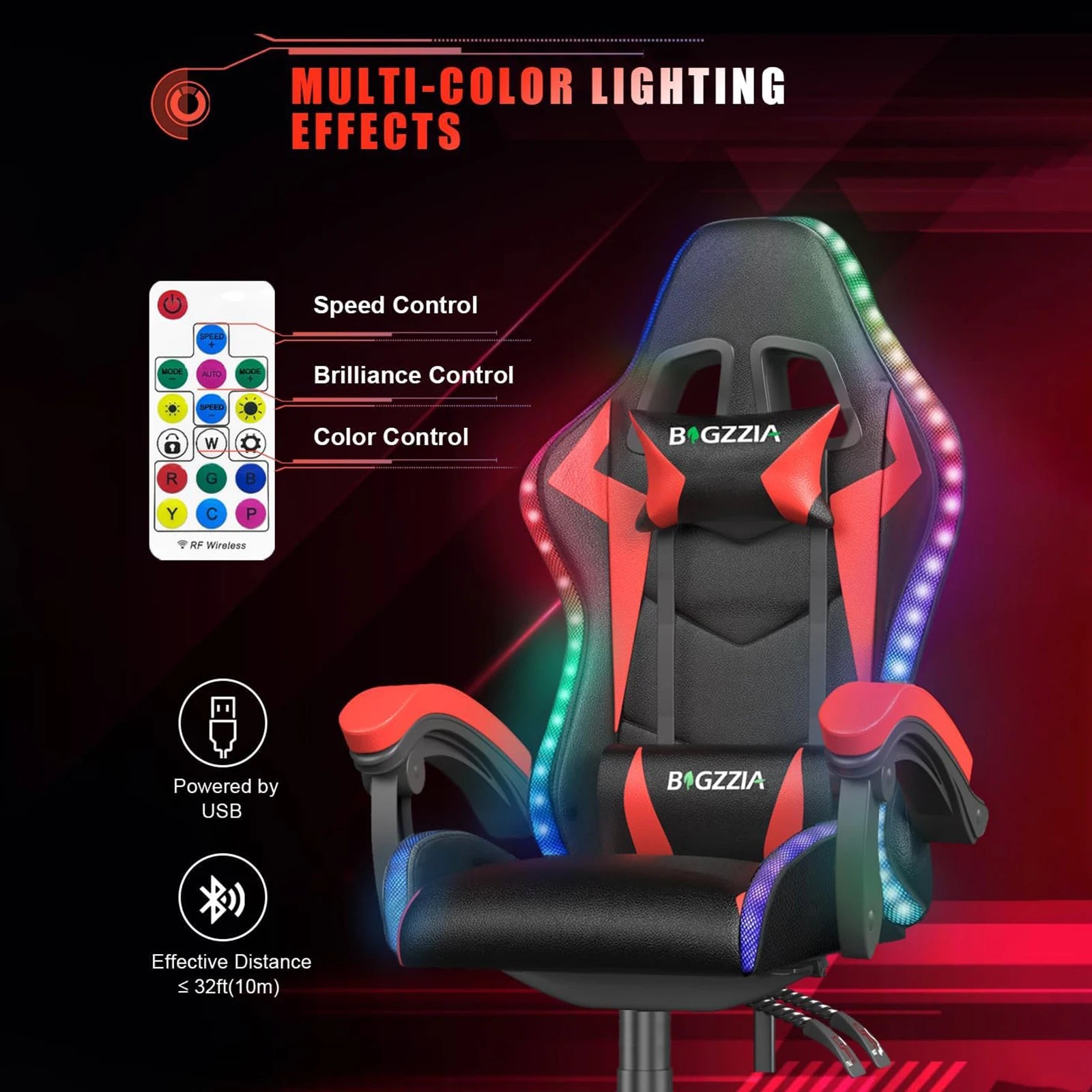 RGB Gaming Chair with LED Lights – Ergonomic Reclining Computer Chair, High Back PU Leather Office Chair with Headrest & Lumbar Support