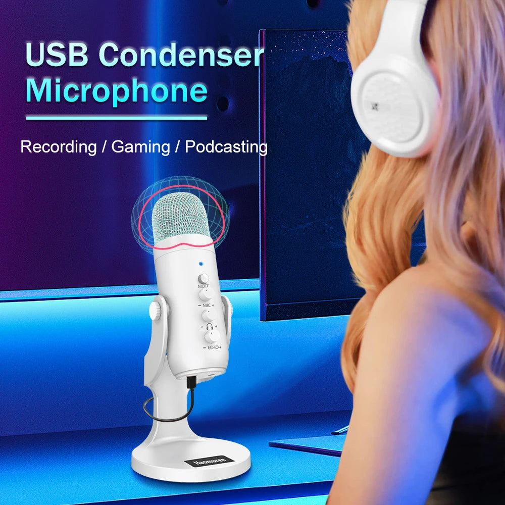 Professional White USB Condenser Microphone Studio Recording Mic for PC Computer Phone Gaming Streaming Podcast Youtube