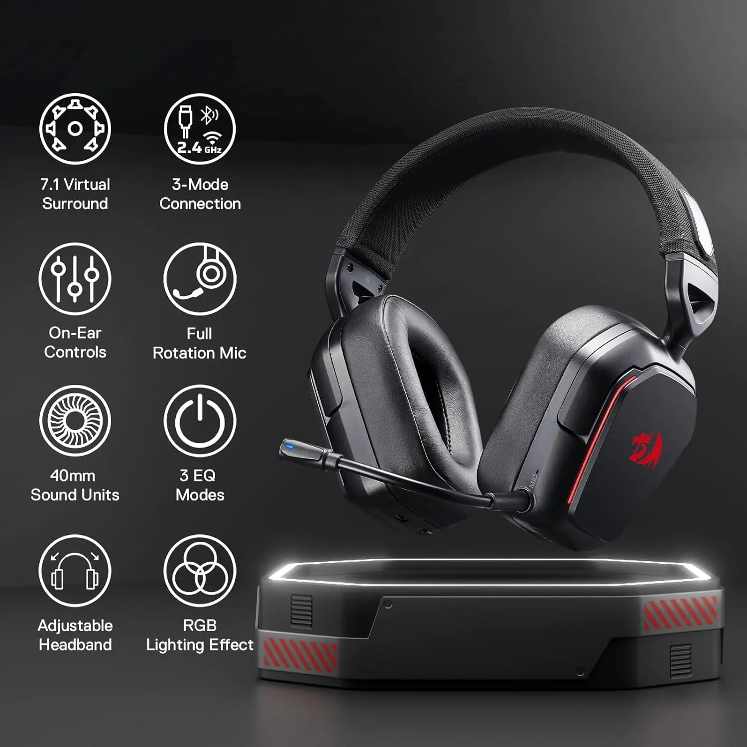 Redragon H868 Wireless Gaming Headset – 3-Mode Connection, RGB Lighting, 7.1 Surround Sound, Noise-Canceling Microphone, Over-Ear Design