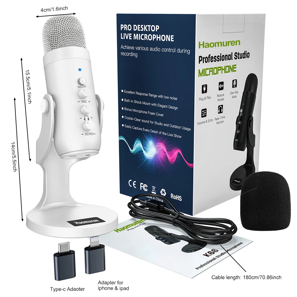 Professional White USB Condenser Microphone Studio Recording Mic for PC Computer Phone Gaming Streaming Podcast Youtube