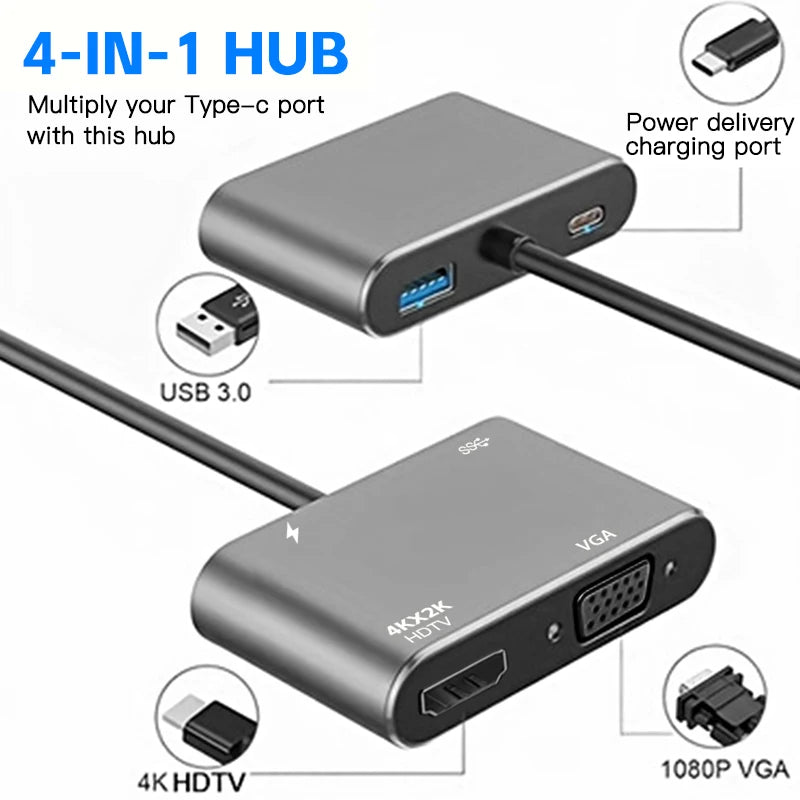 4-in-1 Type C Adapter Hub To HDTV VGA USB 3.0 Digital AV Multiport Adapter