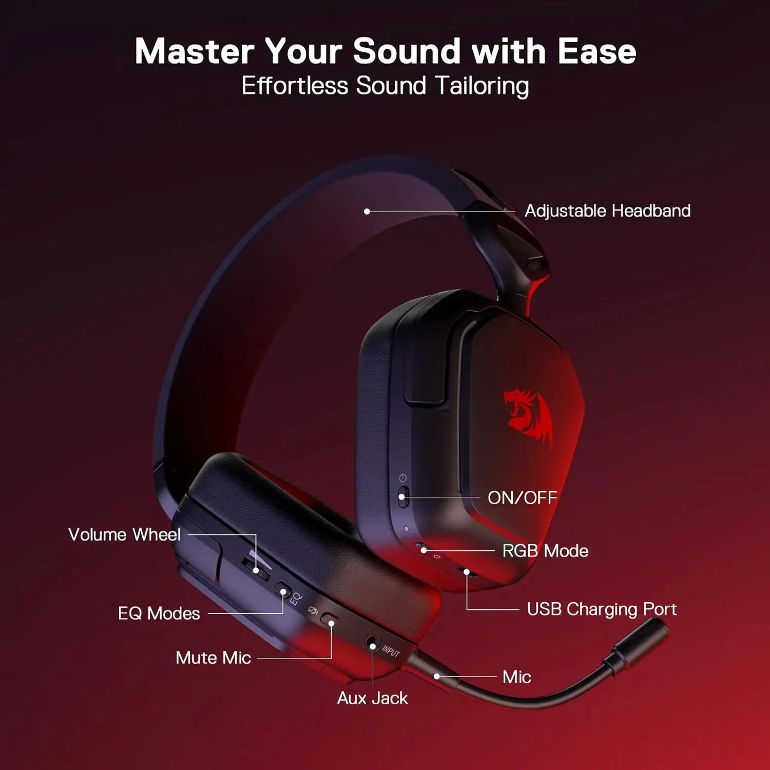 Redragon H868 Wireless Gaming Headset – 3-Mode Connection, RGB Lighting, 7.1 Surround Sound, Noise-Canceling Microphone, Over-Ear Design