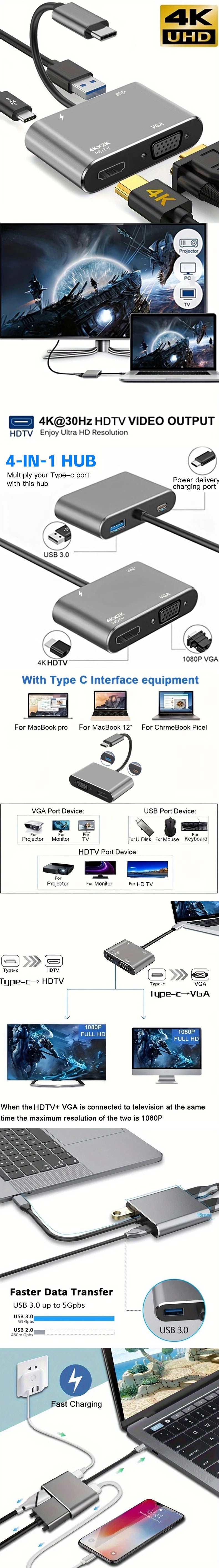 4-in-1 Type C Adapter Hub To HDTV VGA USB 3.0 Digital AV Multiport Adapter