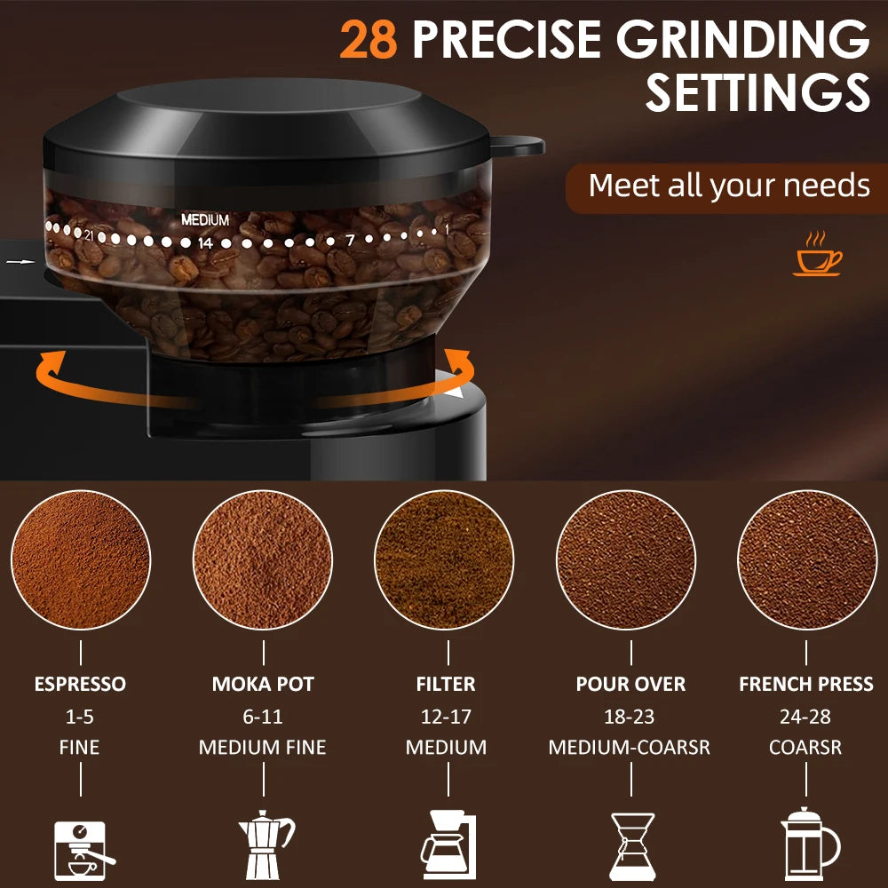 Electric Coffee Grinder with 28 Precision Settings – Perfect for Espresso, French Press & Drip