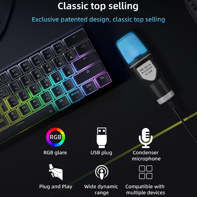 USB RGB Condenser Microphone – Gaming Mic for PC, Podcast, Streaming, Studio Recording, Laptop & Desktop