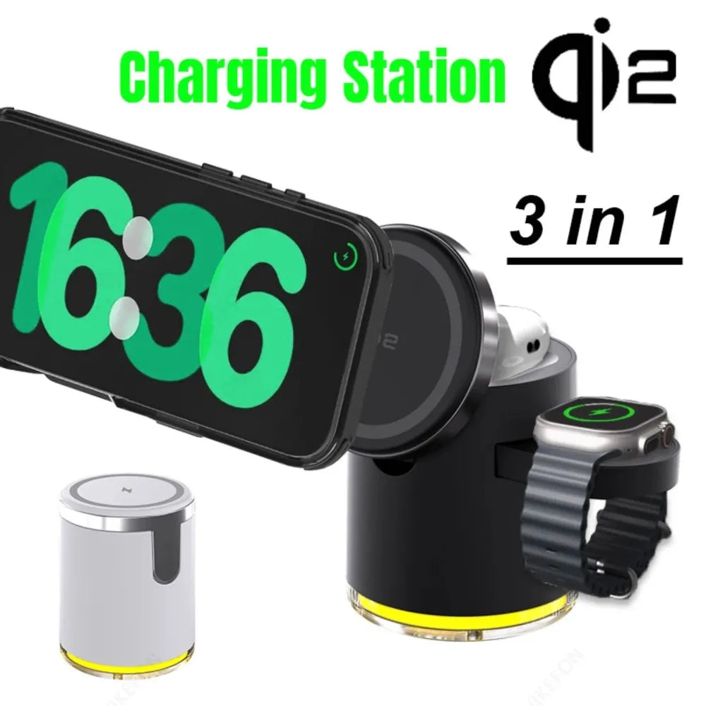 3 in 1 Magnetic Wireless Charger Station Qi2 Quick Fast Charging Stand