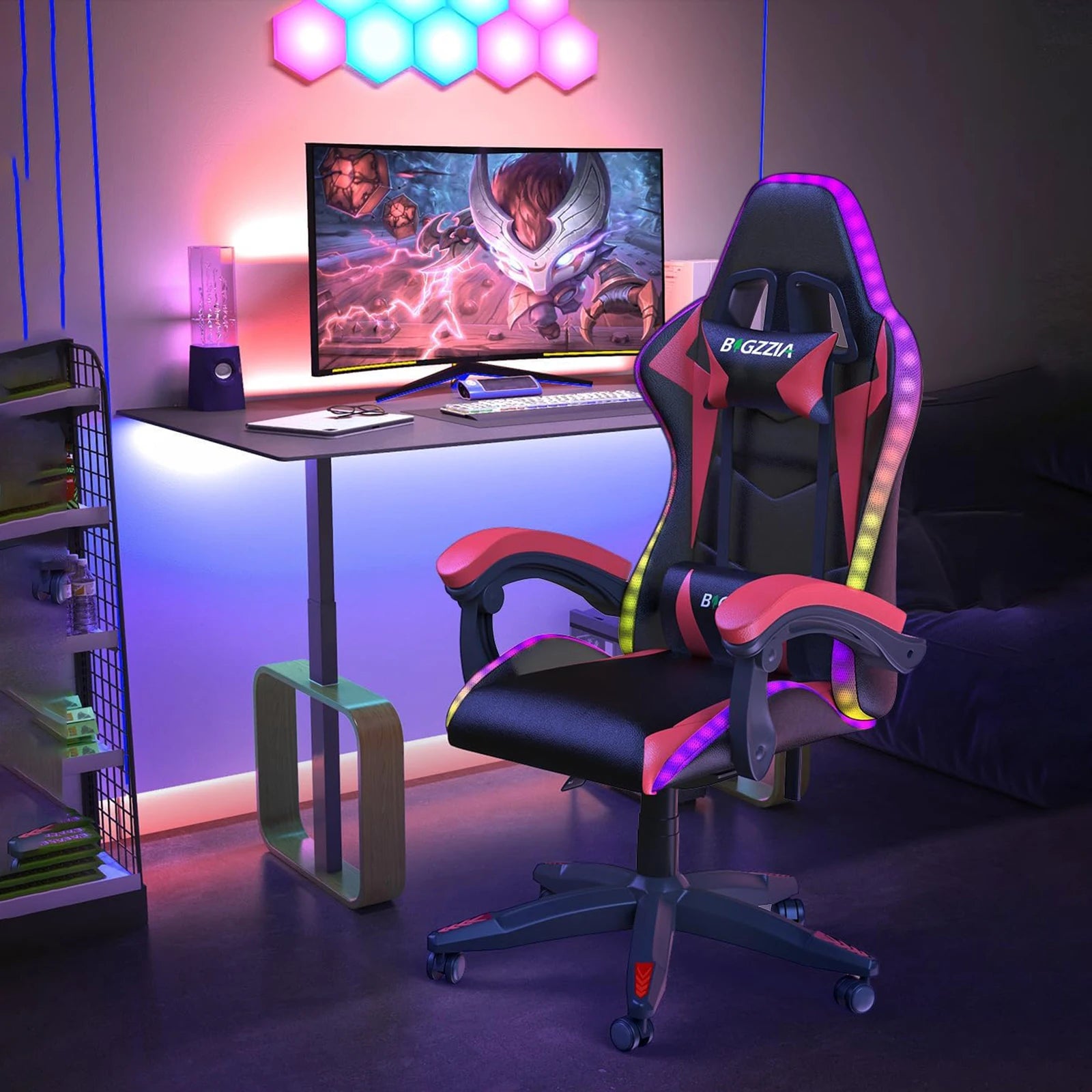 RGB Gaming Chair with LED Lights – Ergonomic Reclining Computer Chair, High Back PU Leather Office Chair with Headrest & Lumbar Support