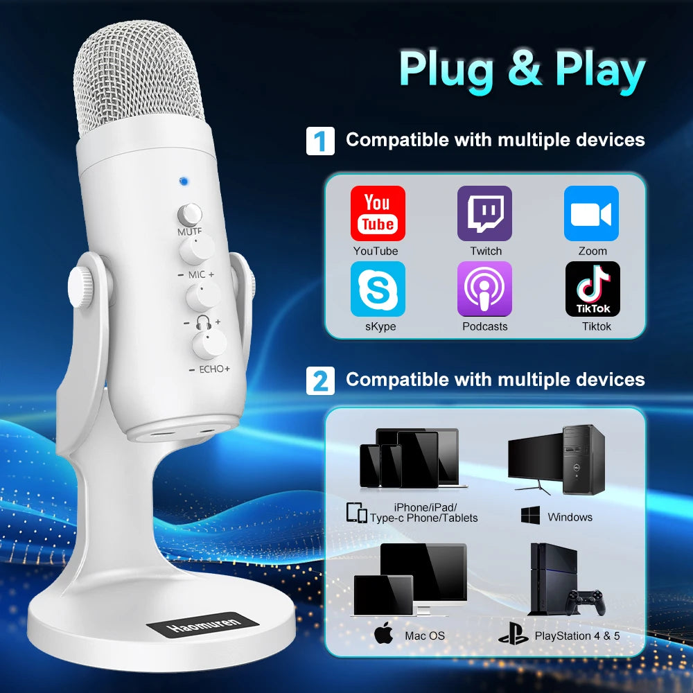 Professional White USB Condenser Microphone Studio Recording Mic for PC Computer Phone Gaming Streaming Podcast Youtube