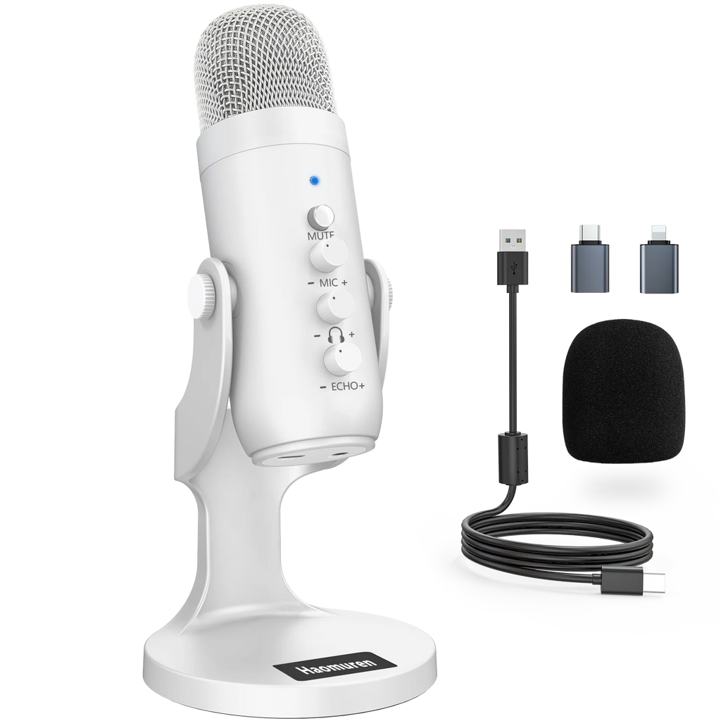 Professional White USB Condenser Microphone Studio Recording Mic for PC Computer Phone Gaming Streaming Podcast Youtube