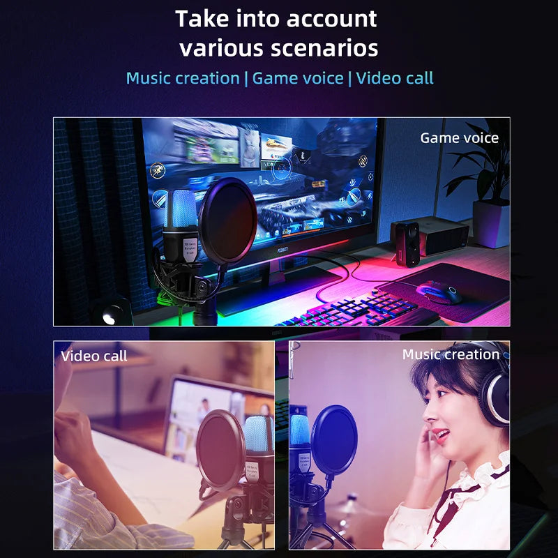 USB RGB Condenser Microphone – Gaming Mic for PC, Podcast, Streaming, Studio Recording, Laptop & Desktop