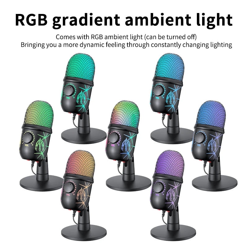 Gaming Microphone USB Microphone for PC Condenser Podcast Mic for Studio Recording with Headphone Jack, Led, Noise Cancellation